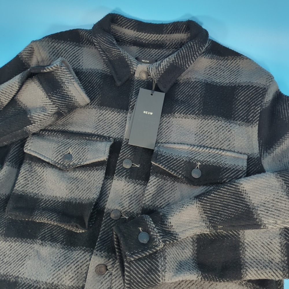 Neuw Stockholm Miller Check Overshirt Grey Black Heavyweight Flannel L NWT